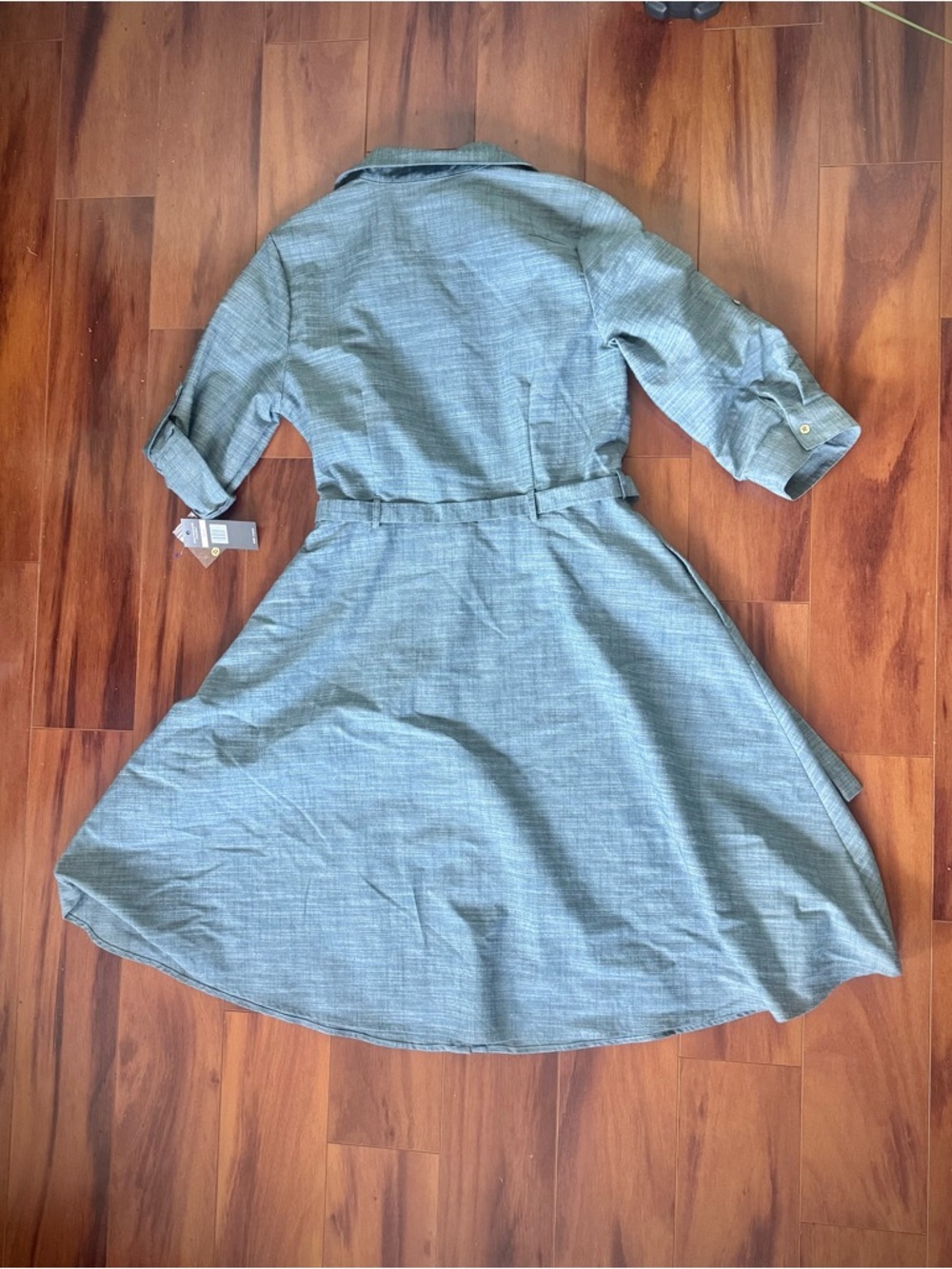 Sharagano Dusty Blue Tie-Waist Button Front Midi Shirt Dress with Pockets - Picture 7 of 8